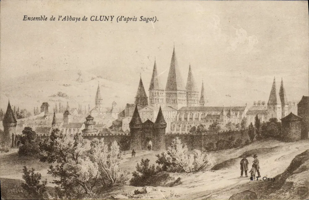 Abadia de Cluny — vista geral — gravura segundo Sagot, editada por M.T. Cluny - Frente