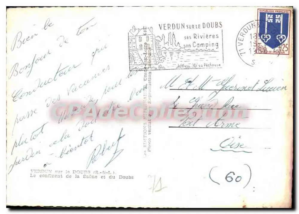 Verdun-sur-le-Doubs — confluência da Saône e do Doubs — editor: Les Editions M. M. de la Reproduction - Verso