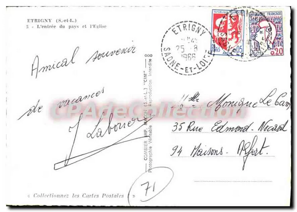 Etrigny (S.-et-L.) — Der Eingang ins Dorf und die Kirche — Combière MP. Maçon - Rückseite