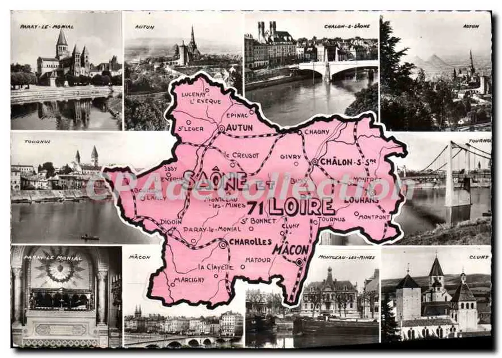 Saône-et-Loire — carta postal panorâmica com mapa geográfico — J.F.M. Paris - Frente