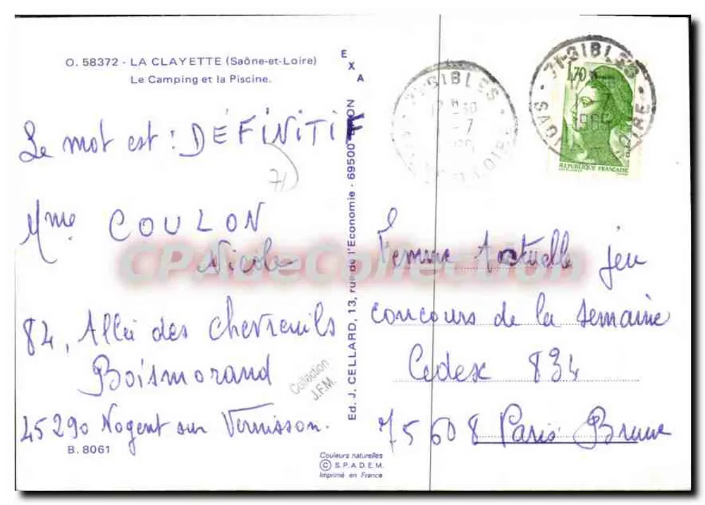 La Clayette (Saône-et-Loire) — Camping et piscine — Ed. J. CELLARD, B. 8061 - Verso