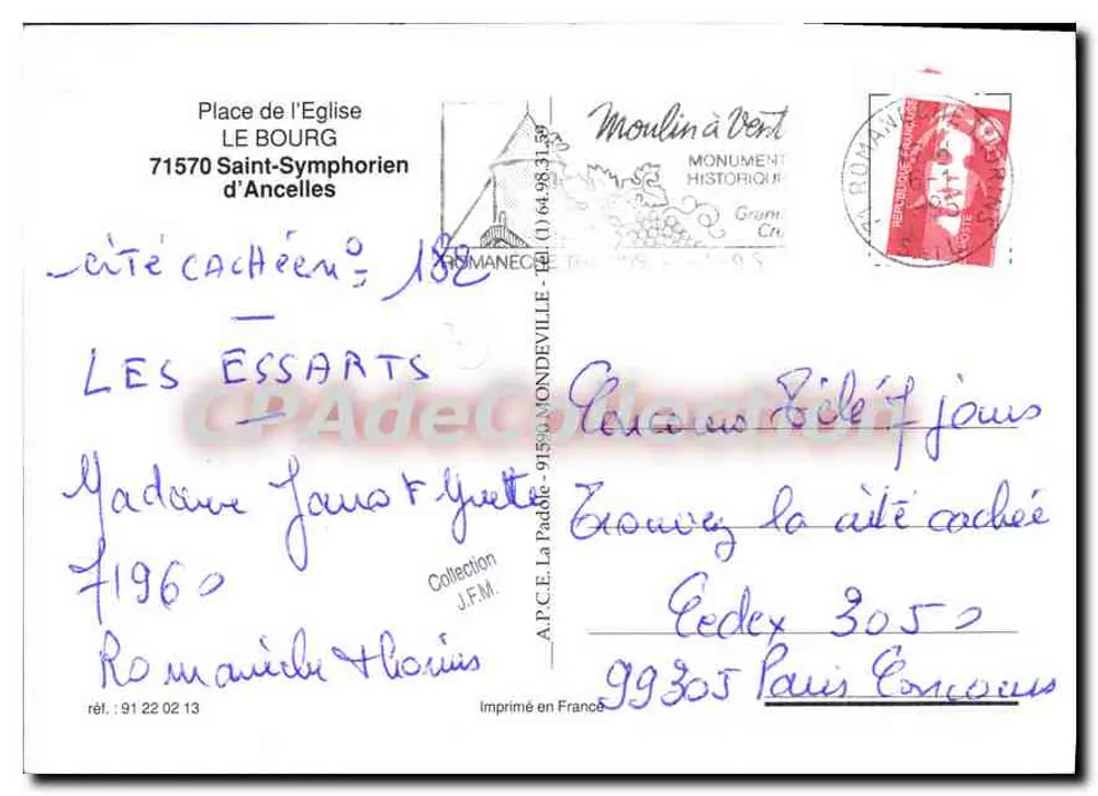 Vue aérienne du village d'Anceles — éditeur A.P.C.E. — n° de série 91 22 02 13 - Verso