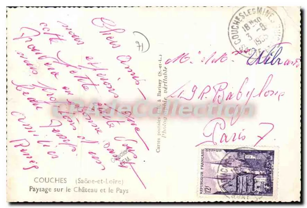 Couches (Saône-et-Loire) — Landschaft mit Schloss und Umgebung — Verlag Cartes postales à Barizy (S.-et-L.) - Rückseite