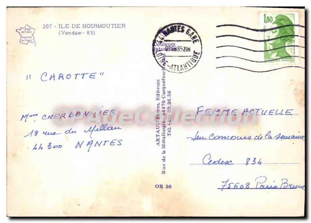 Insel Noirmoutier — Touristische Postkarte — Verlage ARTAUL, Frères, Carquefou - Rückseite
