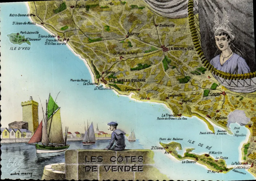 As Costas da Vendée — Carte postale ilustrada com mapa e figura — L. Châtagnéau & André Mancy - Frente