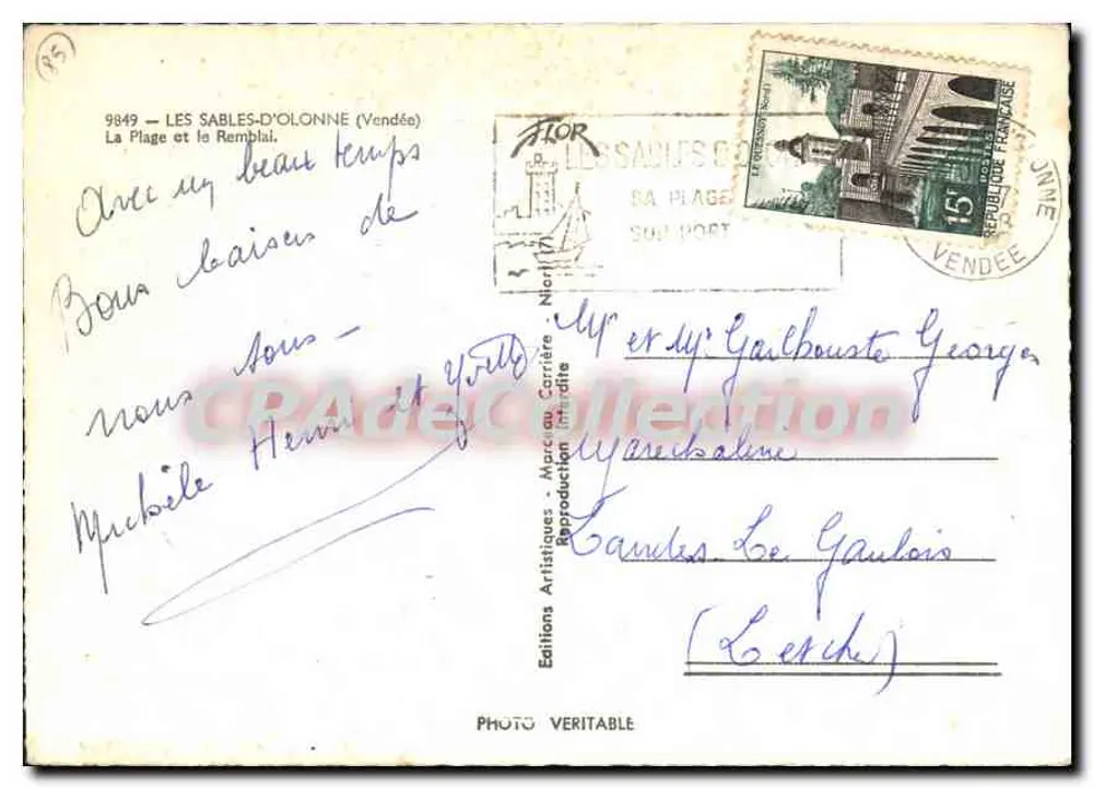 Les Sables-d'Olonne — A Praia e o Dique — Edições Artísticas Marcou Carrière, n° 9849 - Verso