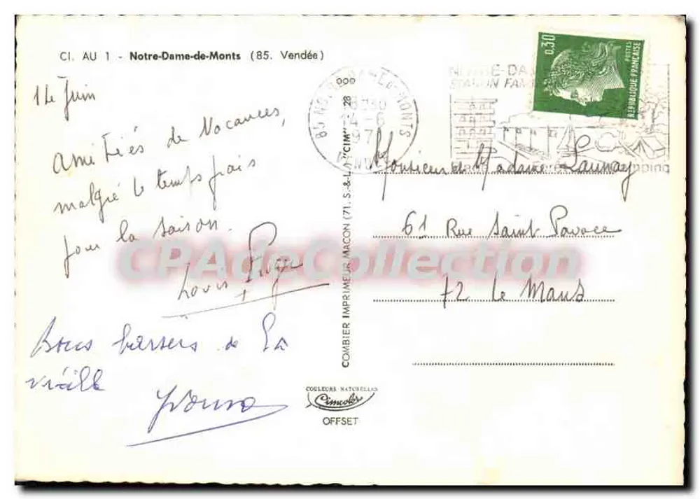 Notre-Dame-de-Monts — praia e campings — Bilhete postal antigo de Collection - Verso