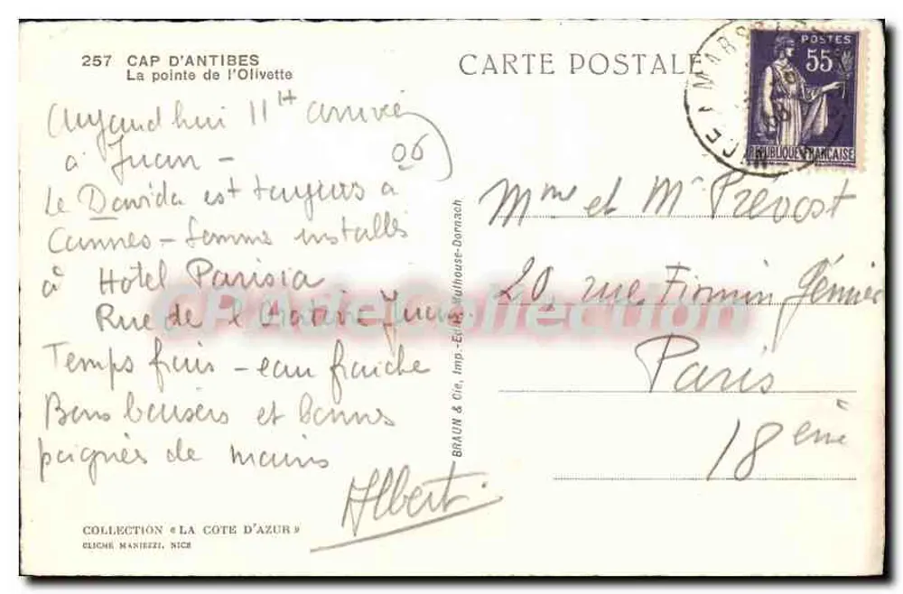 Cap d'Antibes — A ponta da Olivette — BRAUN & Cie, Imp.-Exp. Wolfrouse, Nice - Verso
