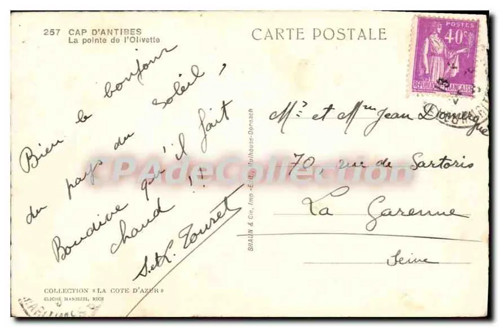 Wyspa Olivette — Kap Far de Antibes — wydawca BRAUN & Cie, Wyd. Nîmes - Rewers