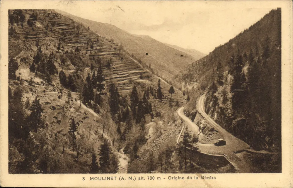 Moulinet (A.M.) alt. 790 m — Origem da Bévéra — Edit. Belmon, Hôtel de Paris, Moulinet - Frente
