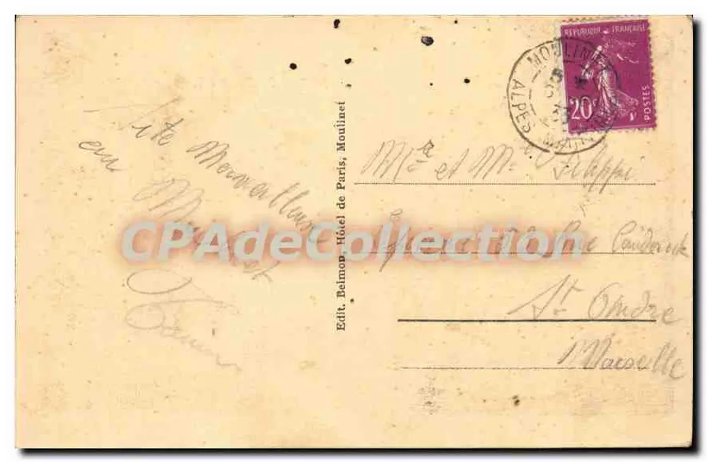 Moulinet (A.M.) alt. 790 m — Origem da Bévéra — Edit. Belmon, Hôtel de Paris, Moulinet - Verso