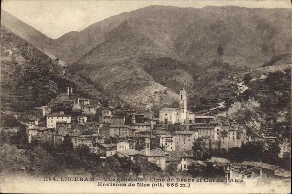 Luceram — Allgemeiner Blick — Cime de Braus und Col de l'Ablé (Höhe 665 m.) — Edition Glitta, Nr. 1194 - Vorderseite