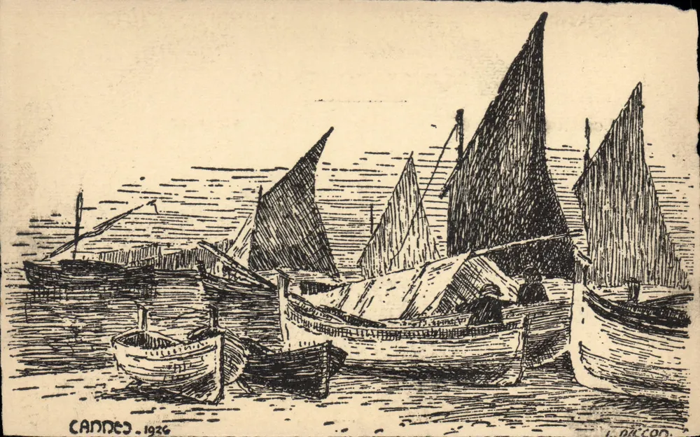 Cannes — Visão de barcos a vela — desenho de J. Daccon - Frente