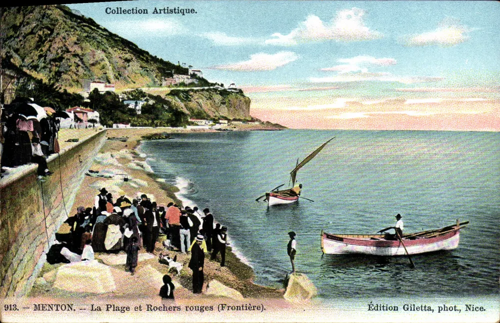 Menton — A Praia e Rochas Vermelhas (Fronteira) — Edição Giletta, fot., Nice - Frente