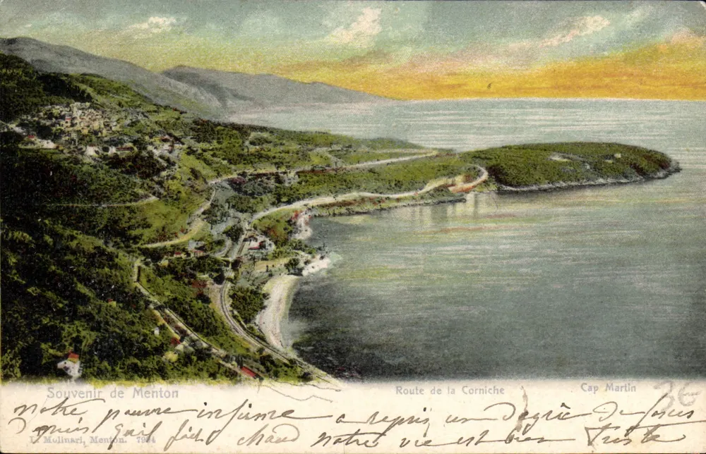 Vista de la Carretera de la Corniche en Cap Martin — Menton — editor D. Molinari, n° 7944 - Anverso