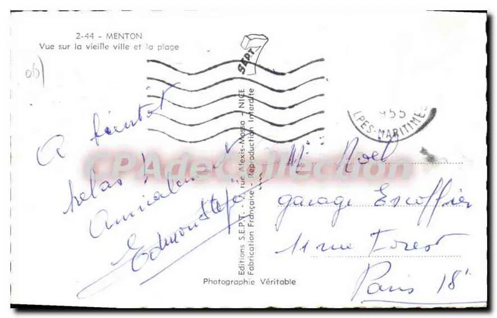 Menton — Ansicht der Altstadt und des Strandes — Editions S.E.P.T. - Französische Reproduktion - Rückseite