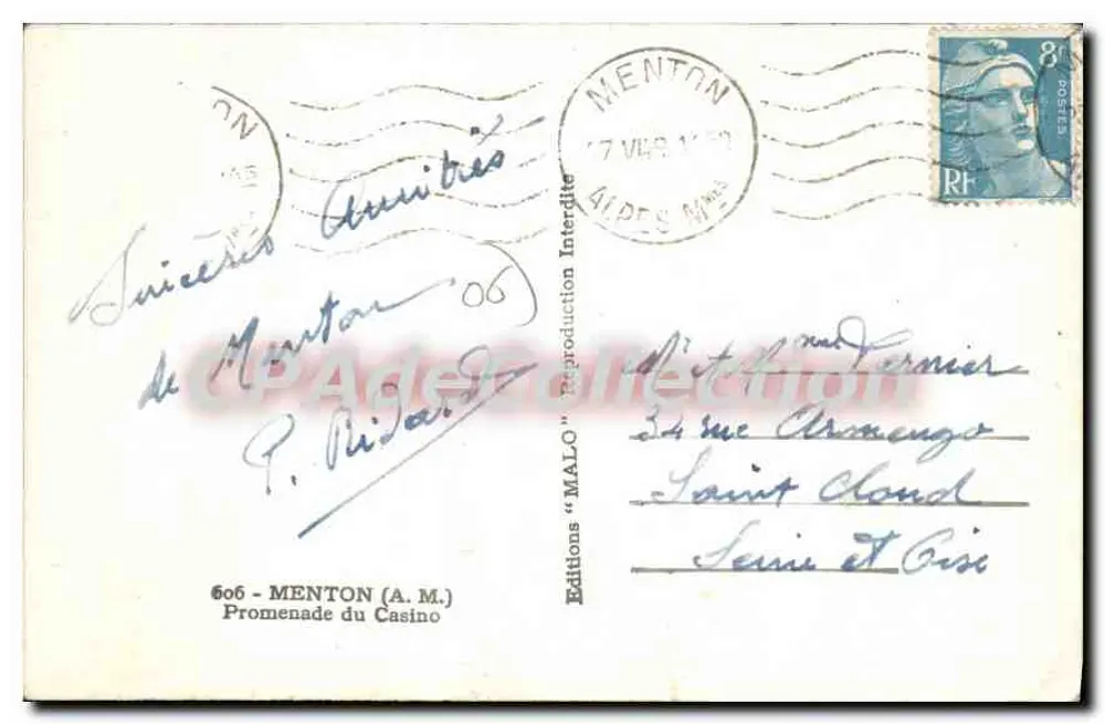 Promenade do Casino — Menton — Éditions 'MALO' n°606 - Verso