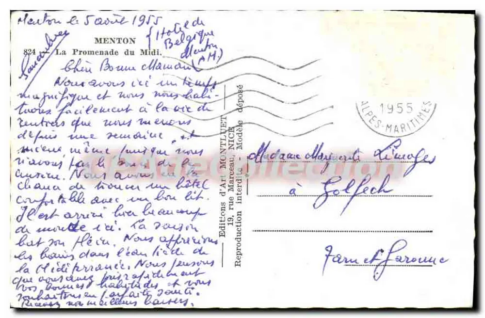 Menton — vista da praia e da promenade — Éditions d'Art Montluel, NICE - Verso