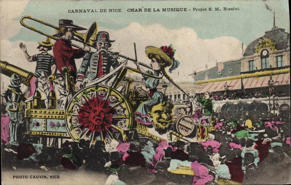 Karneval von Nice — Musikwagen — Projekt S. M. Biasini — Photo-Cauvin, Nice - Vorderseite