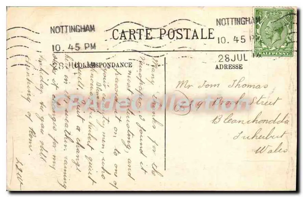 Nottingham — cartão postal datado de 28 de julho de 1905 — editor desconhecido, n° de série 10.45 PM - Verso