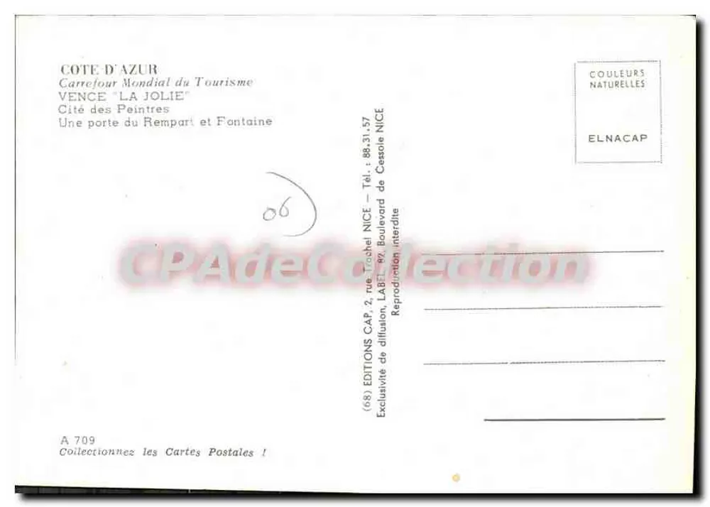 Cannes - Porta do Rempart e Fonte — Edições Elnacap, n° A 709 - Verso