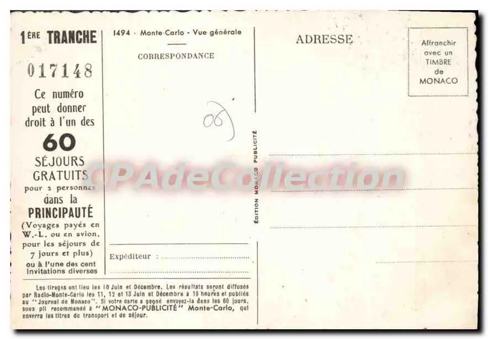 Monte-Carlo — Vue générale — Édition Monaco Publicité, 1ère tranche n° 017148 - Verso
