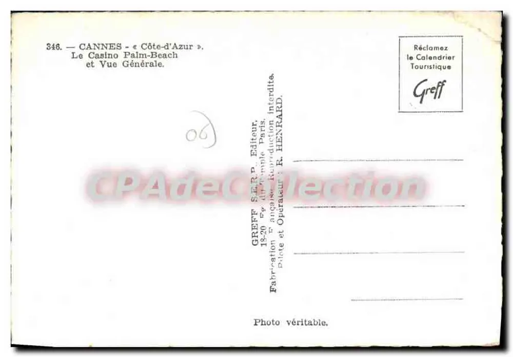 Cannes - Côte-d'Azur — Le Casino Palm-Beach und allgemeine Ansicht — Verlag Greff S.A.R.L. - Rückseite