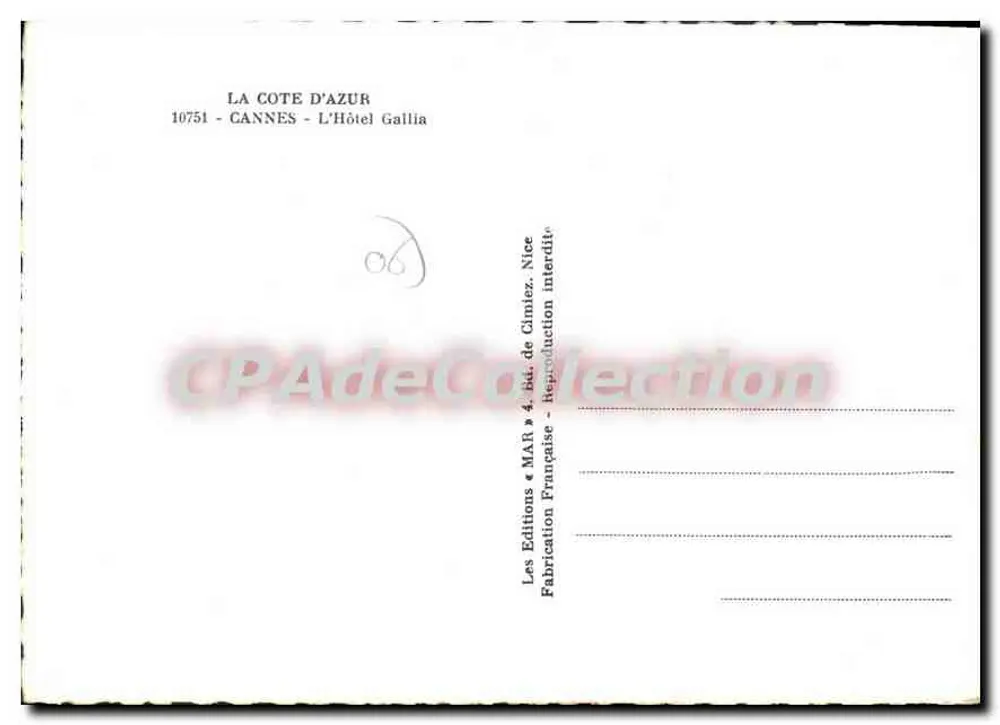 Cannes — Hotel Gallia — Éditions « MAR » - Verso