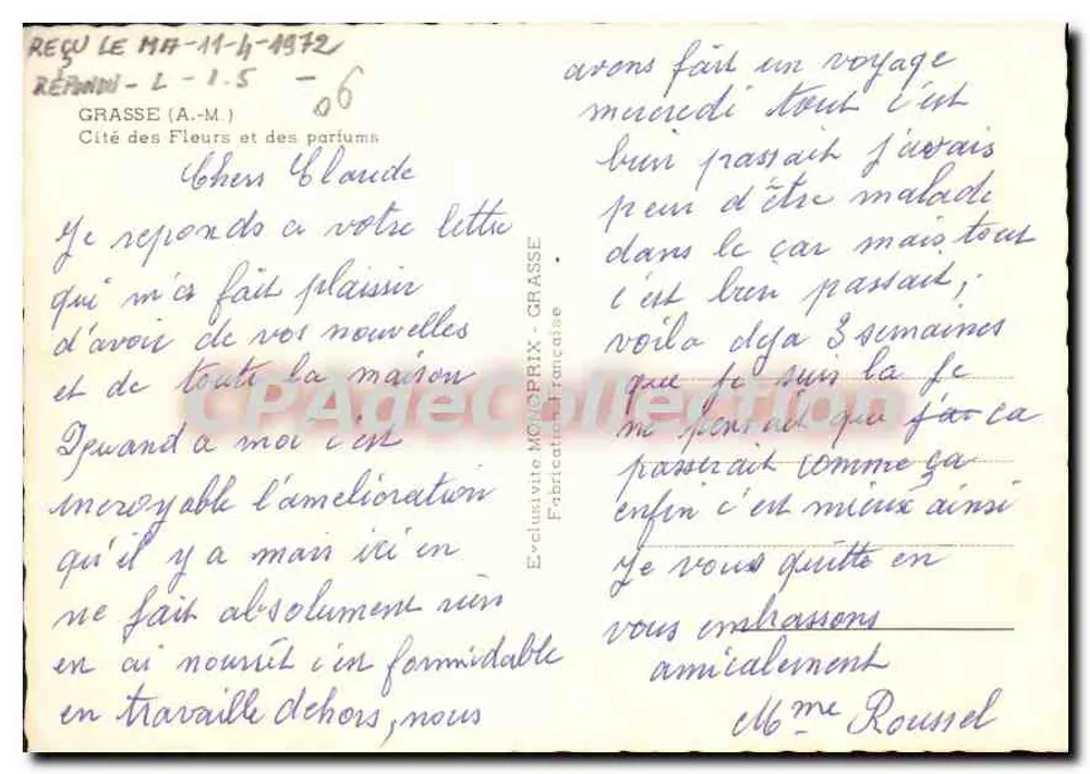 Grasse — Cidade das Flores e dos Perfumes — Editor Monoprix - Verso