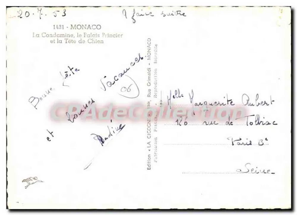 Monaco — La Condamine, das Prinzenpalais und der Hundekopf — Ausgabe « LA CICOGNE » - Rückseite