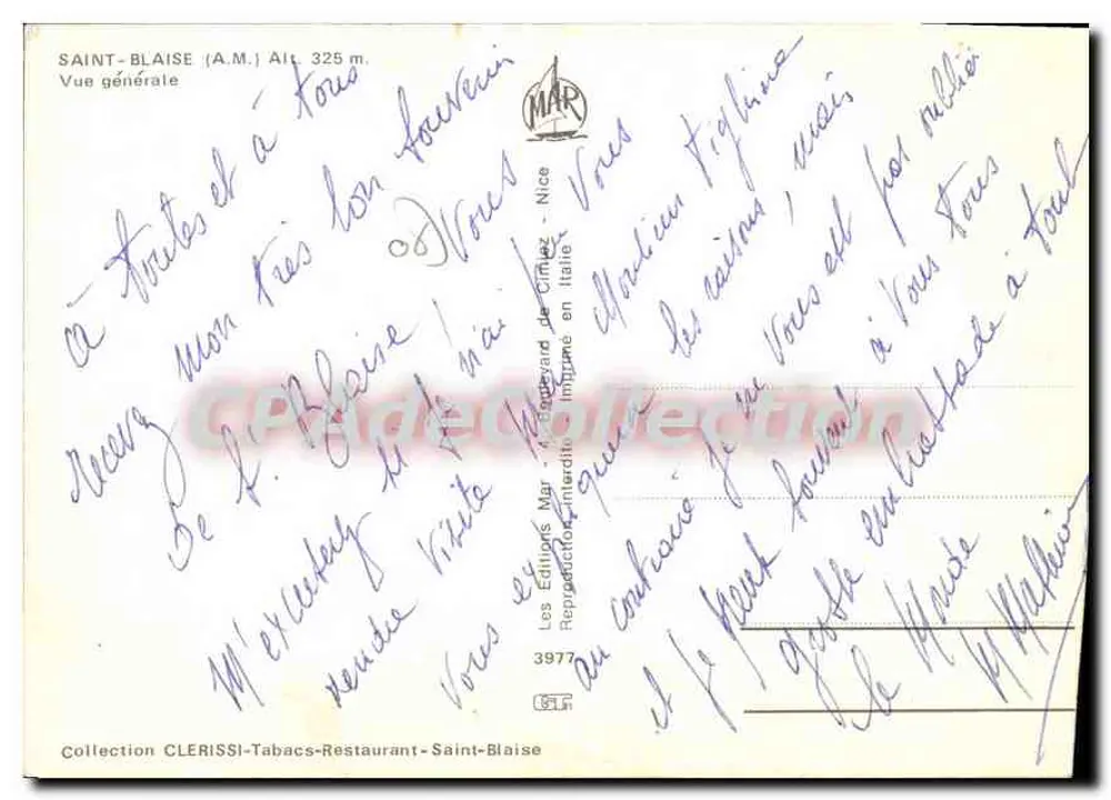Saint-Blaise (A.M.) — Vista geral — Les Éditions Mar - 47, Boulevard de Cimiez - Nice - Verso