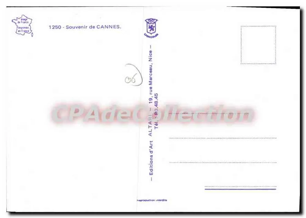Cannes — Lembrança de Cannes — Edições de Arte ALTARH, Nice - Verso