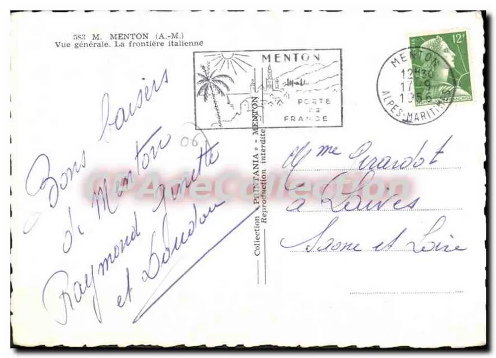 Menton — Vista geral. A fronteira italiana — Printania, n° 583 - Verso
