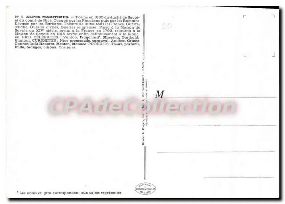 Alpes-Maritimes — N°6 — Editor: Blondet & Cie, Paris - Verso