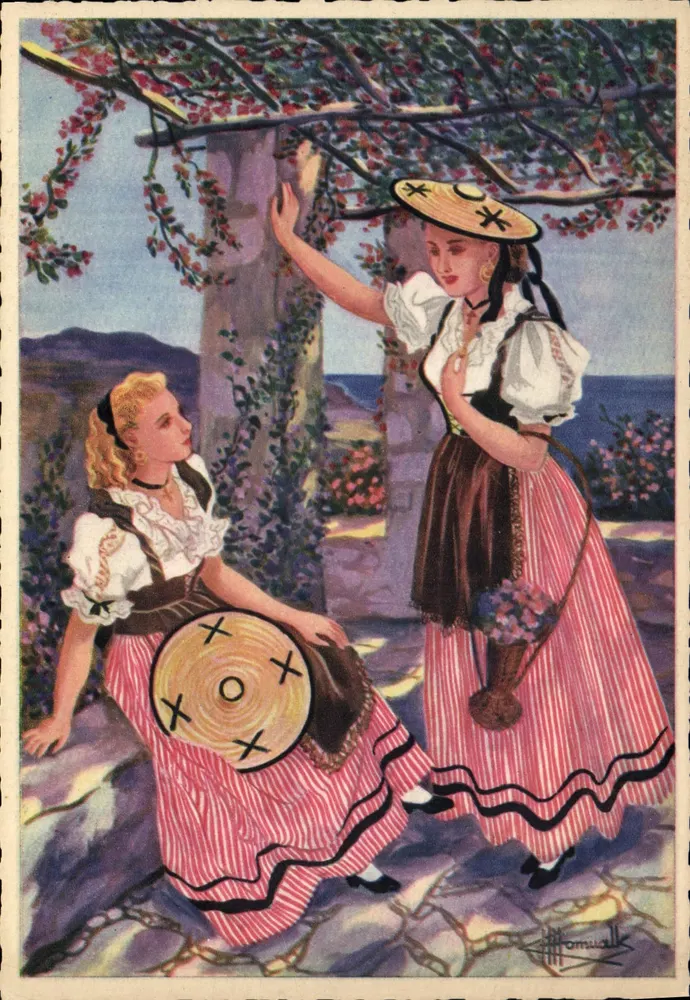 Duas jovens mulheres em traje tradicional — sob uma pergola florida — editor Artaud Père et Fils, Nantes - Frente