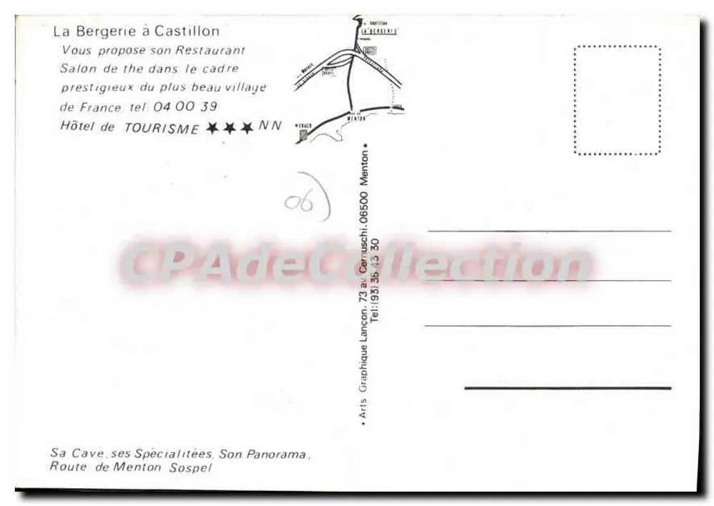 O Hotel-Restaurante La Bergerie em Castillon — Arts Graphique Lancon, 73 av. Cerruschi, 06500 Menton - Verso