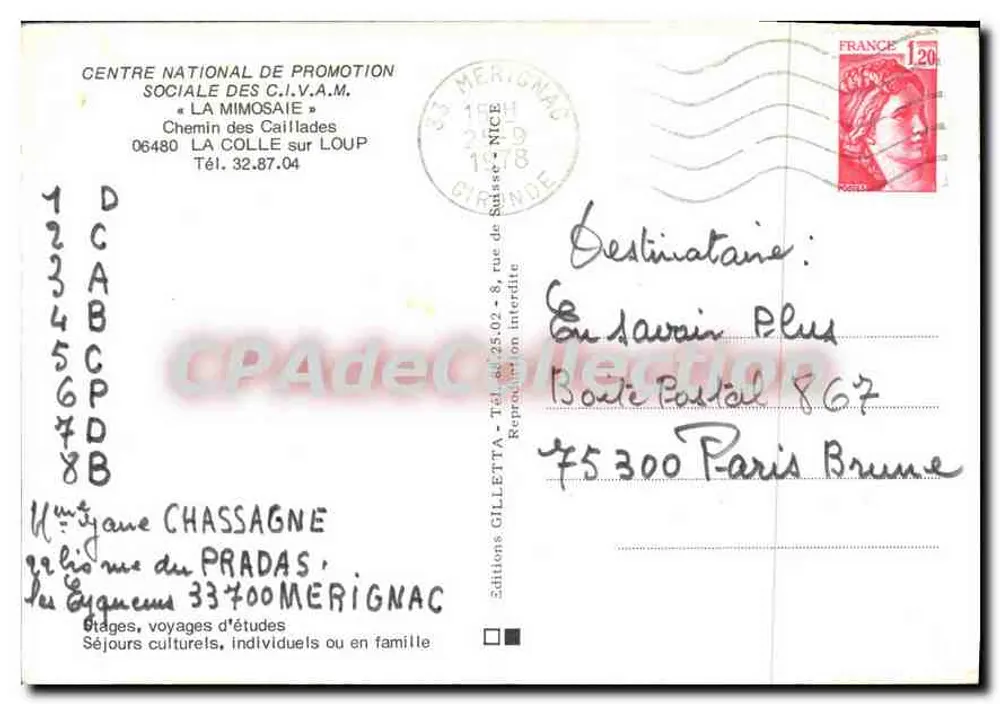 La Mimosaie — Hotel-restaurant — Éditions Gilletta, n° 12345678 - Rückseite
