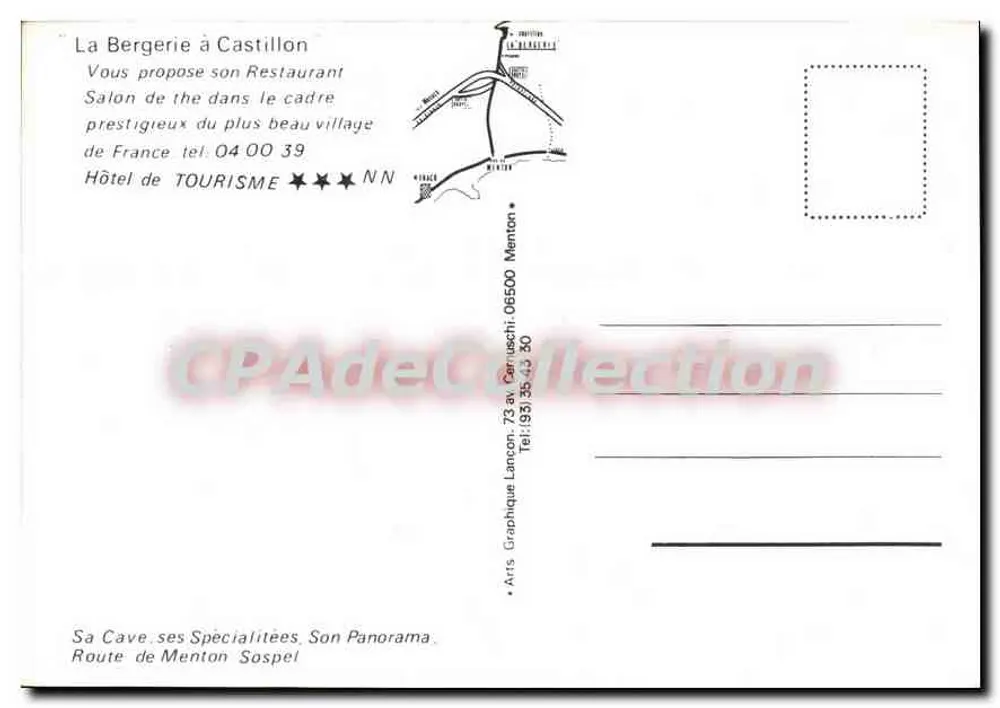 A Bergerie HOTEL RESTAURANT em Castillon — Arts Graphique Lancon, 06500 Menton - Verso