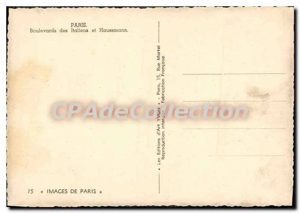 Boulevards dos Italianos e Haussmann — Paris — Edições d'Art Yvon - Verso