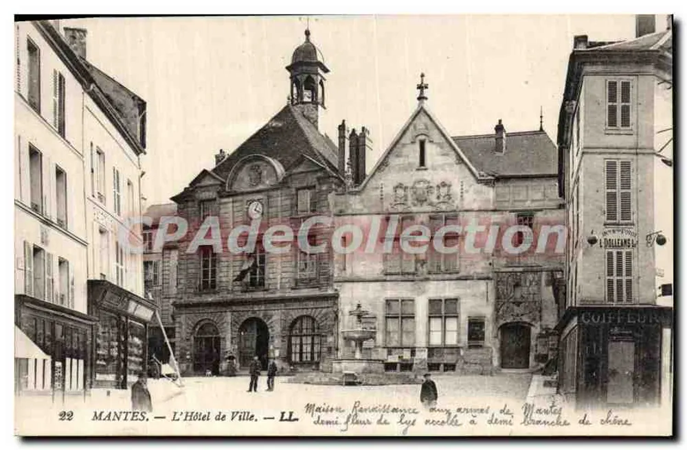 MANTES — L'Hôtel de Ville — Casa Rinascimentale con stemma di Mantes, metà fiore di lis rincollato a metà ramo d'olivo - Recto