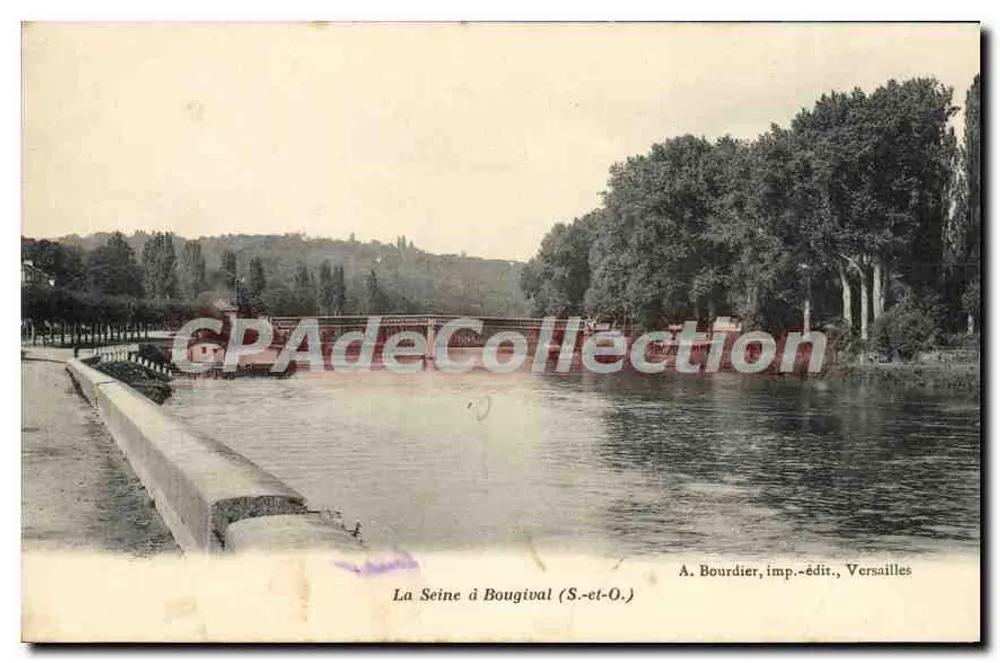 La Seine a Bougival (S.-et-O.) — vista del fiume con molo e alberi — A. Bourdier, imp.-editore, Versailles - Recto