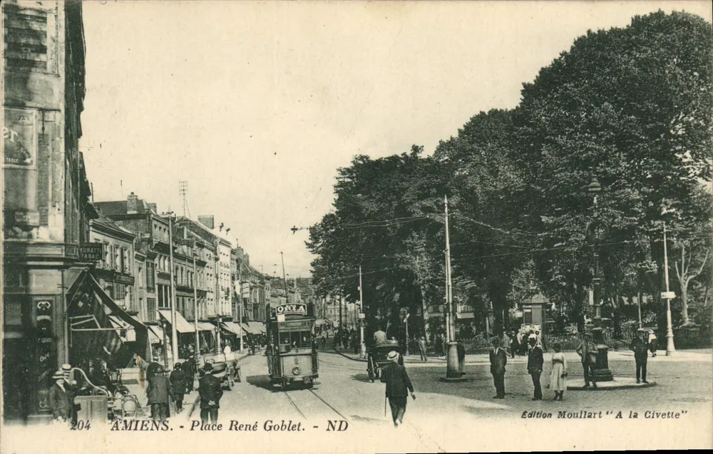 Amiens - Place René Goblet — trem e pedestres — Edição Moullart 'A la Civette' n°204 - Frente