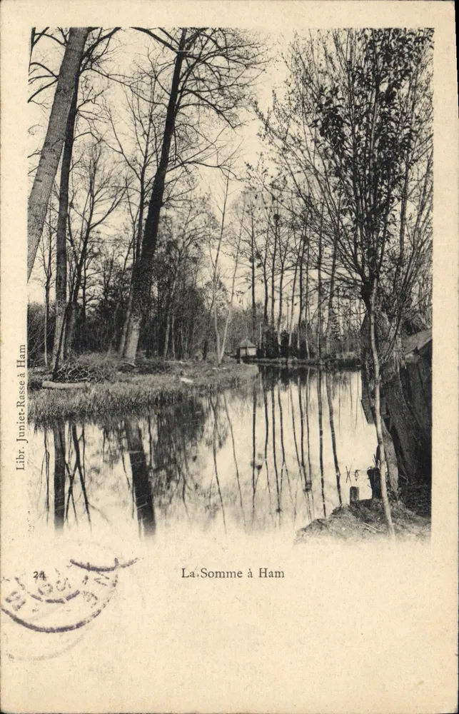 A Somme em Ham — vista do canal cercado por árvores — Libr. Juniet-Rasse em Ham, n°24 - Frente