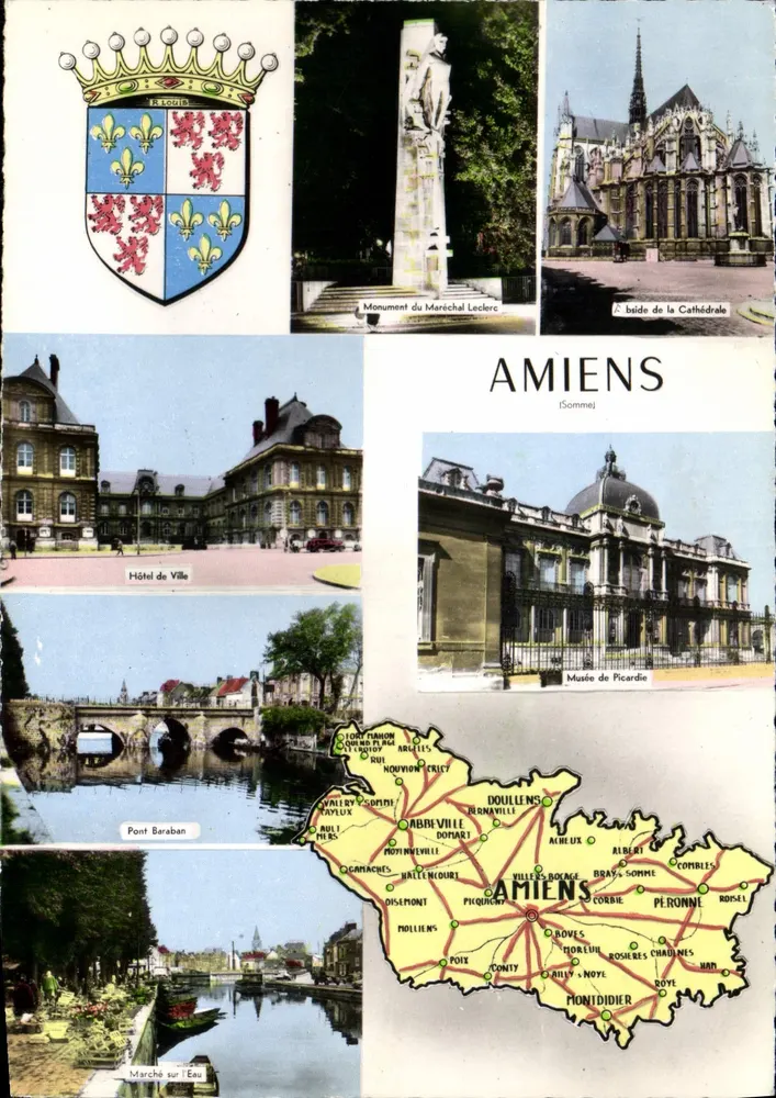Amiens — vista panorâmica com brasão, monumentos e mapa — editor Combier, n° CE 8 - Frente