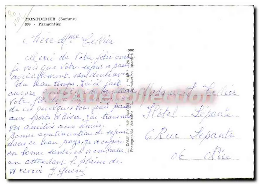 Estátua de Parmentier em Montdidier — Somme — editor Combiér - Verso