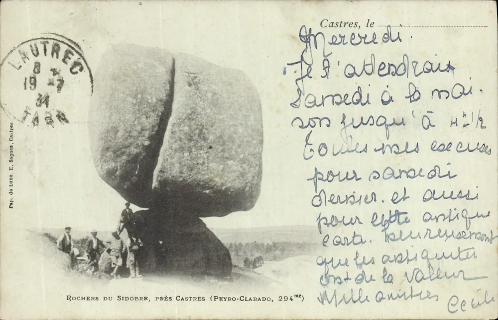 Rochers du Sidobre, perto de Castres (Peyro-Clabado, 294m) — Papel de Luxo, E. Sagnes, Castres — edição 1934 - Frente