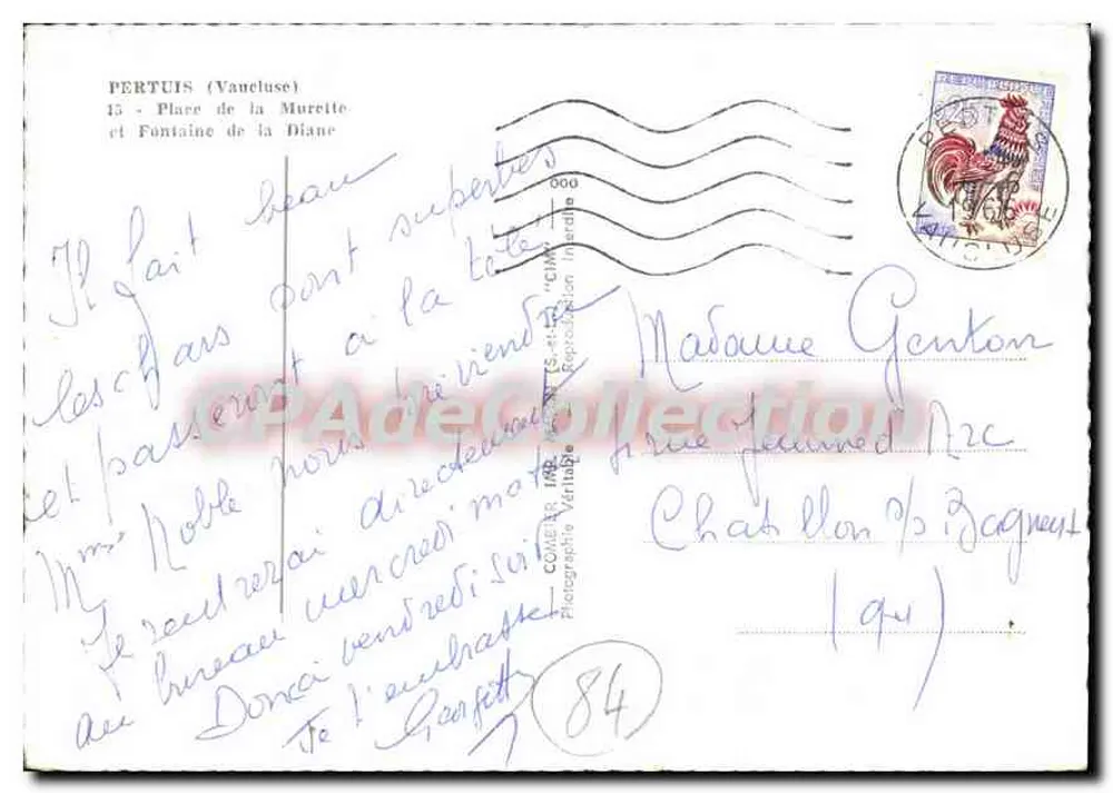 Pertuis (Vaucluse) — Place de la Murette und Fontaine de la Diane — Côme R. Impr. 84 - Rückseite