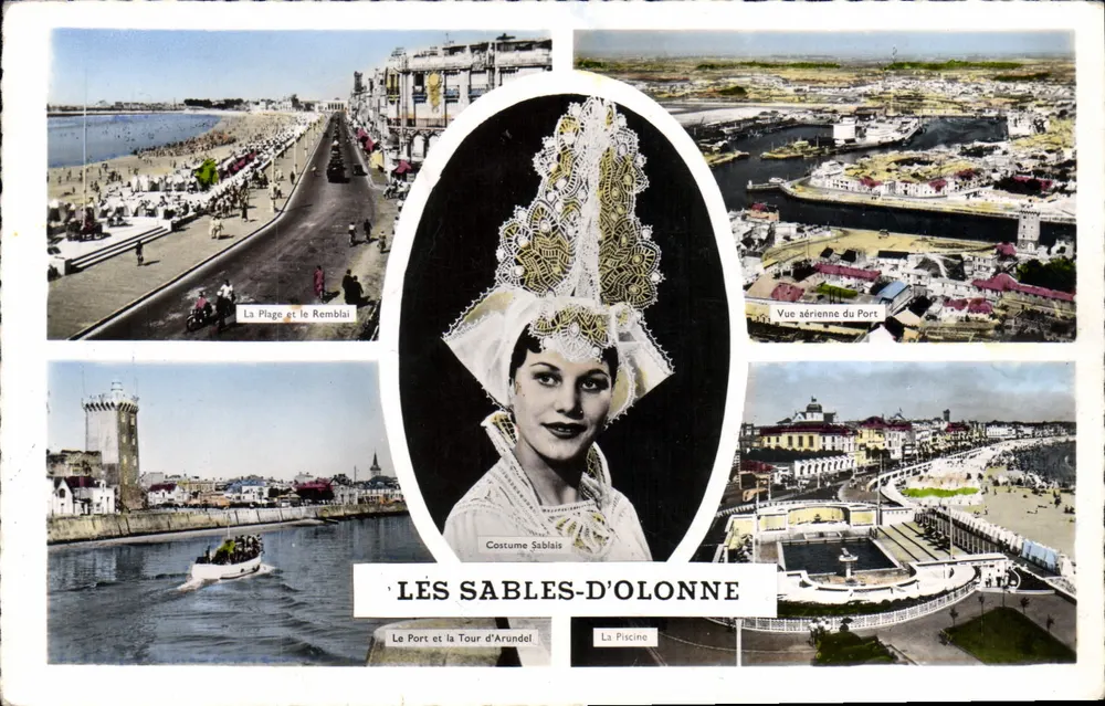 Les Sables-d'Olonne — Panoramablick mit Sablais-Kleidung — Éditions Gaby - Vorderseite