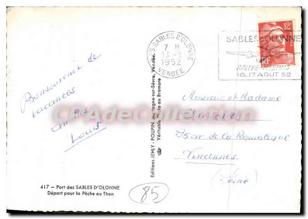 Port des Sables d'Olonne — Abfahrt zur Thunfischfischerei — Editions JEHLY n°417 - Rückseite