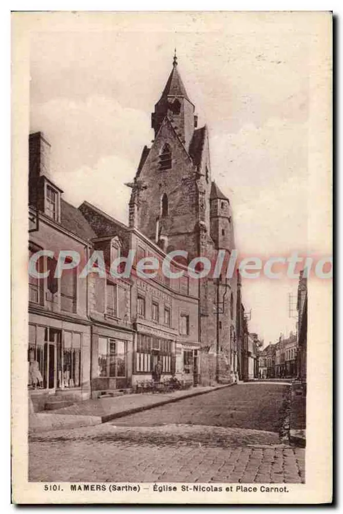 Mamers (Sarthe) — Kirche St-Nicolas und Place Carnot — Vintage Postcard/Antike Ansichtskarte - Vorderseite